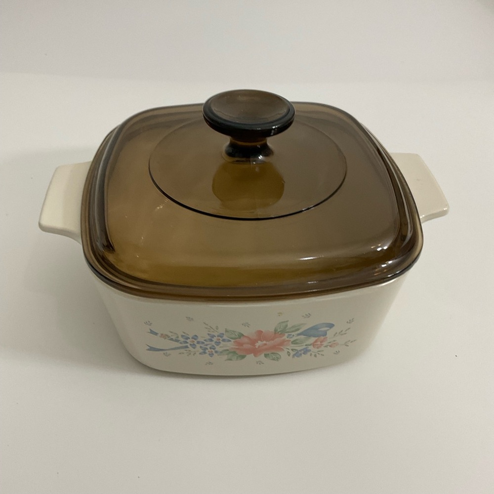 Corning Ware Casserole Dish Symphony Blue Pink Green Floral Brown Glass Lid